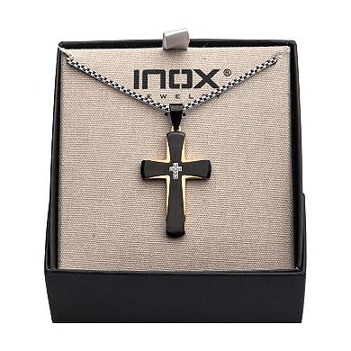Men's Black & Gold Tone Ion-Plated Stainless Steel Cross Pendant Necklace with Cubic Zirconia Accents