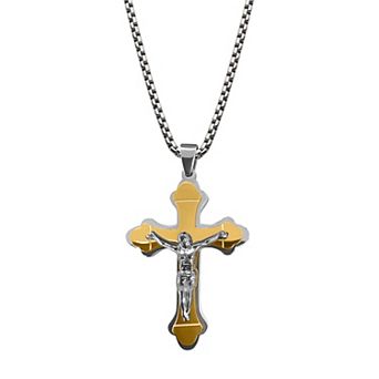 DANTE Men's Gold Tone Ion-Plated Stainless Steel Layered Jesus Cross Pendant Necklace