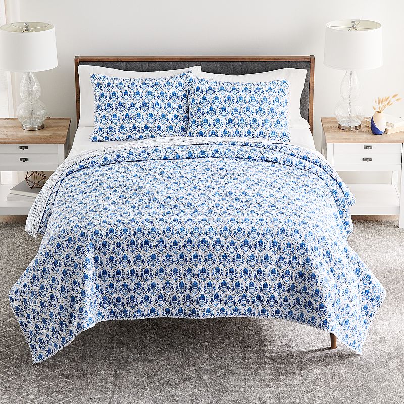 Sonoma Goods For Life Floral Trellis Printed Quilt Set with Shams, Med Blue