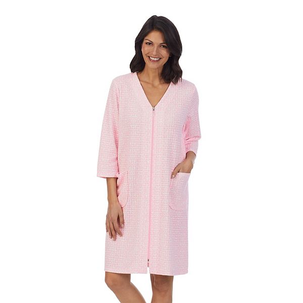 Women's Stan Herman Printed Waffle Knit 3/4 Sleeve Zip Robe