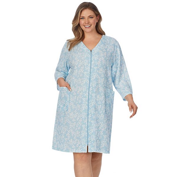 Plus Size Stan Herman Printed Waffle Knit 3/4 Sleeve Zip Robe