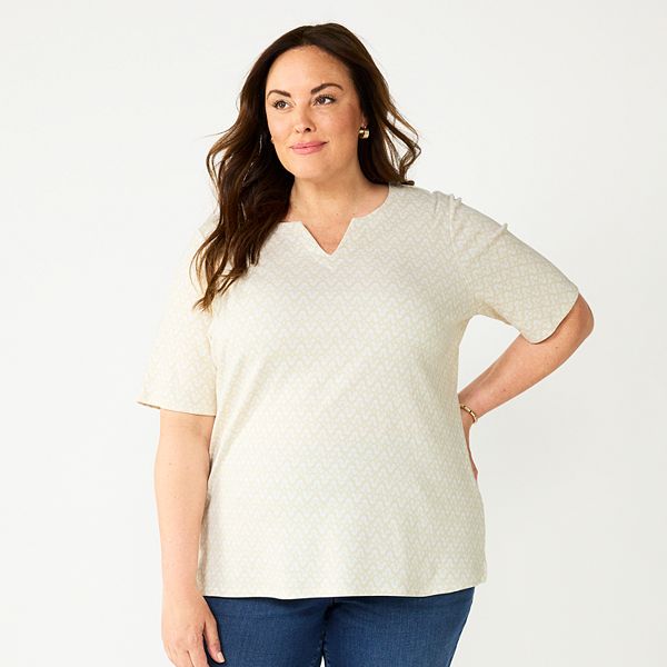 Plus Size Croft & Barrow® Three Quarter Sleeve Splitneck Top
