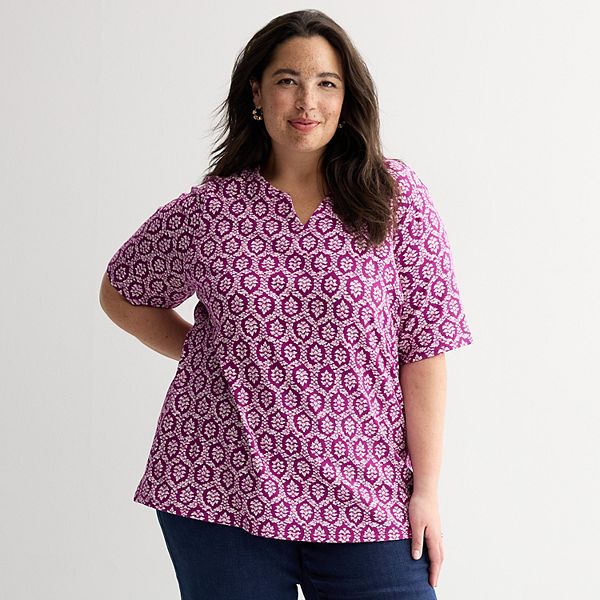 kolor 24AW ブラウス Plus Size Croft & Barrow® Elbow Sleeve Split Neck Top