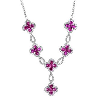 Oro Leoni Sterling Silver Lab-Created Ruby & Lab-Created White Sapphire Flower Y Necklace