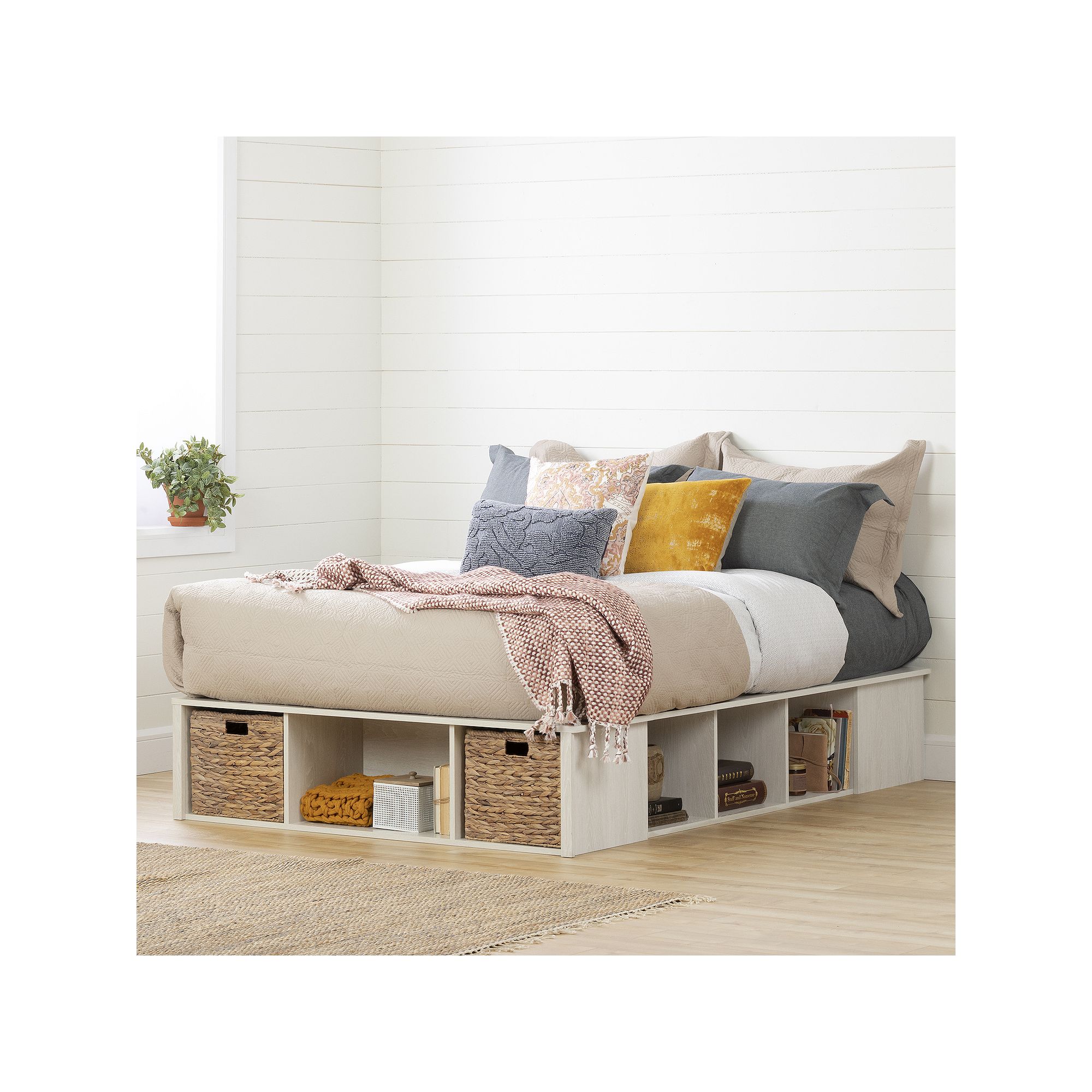 South Shore Lilak Storage Bed with Baskets, Winter  Rattan