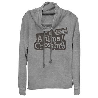 Juniors' Animal Crossing: New Horizons Black Welcome Logo Cowlneck Graphic Lightweight Long Sleeve