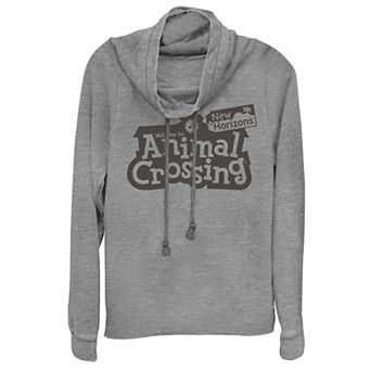 Juniors' Animal Crossing: New Horizons Black Welcome Logo Cowlneck Graphic Lightweight Long Sleeve