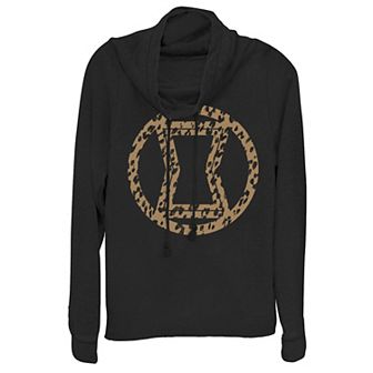 Juniors' Marvel Black Widow Leopard Logo Fill Cowlneck Graphic Lightweight Long Sleeve