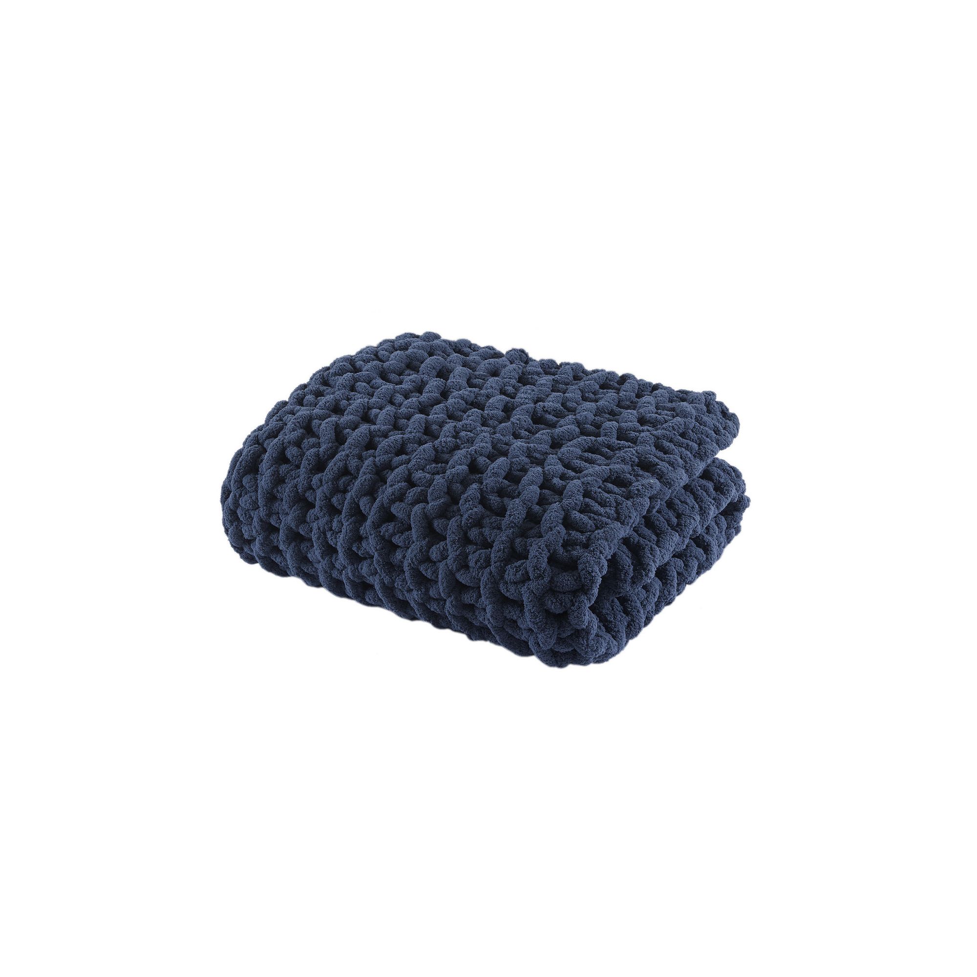 Madison Park Chenille Handmade Chunky Knit Throw Blanket, Navy Blue