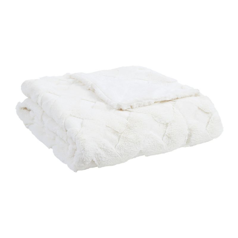 Madison Park Claire Luxury Basketweave Faux Fur Throw Blanket, White