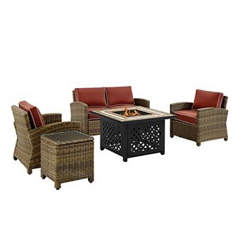 Crosley Bradenton Wicker Patio Loveseat, Arm Chair, End Table & Fire Pit 5 pc Set