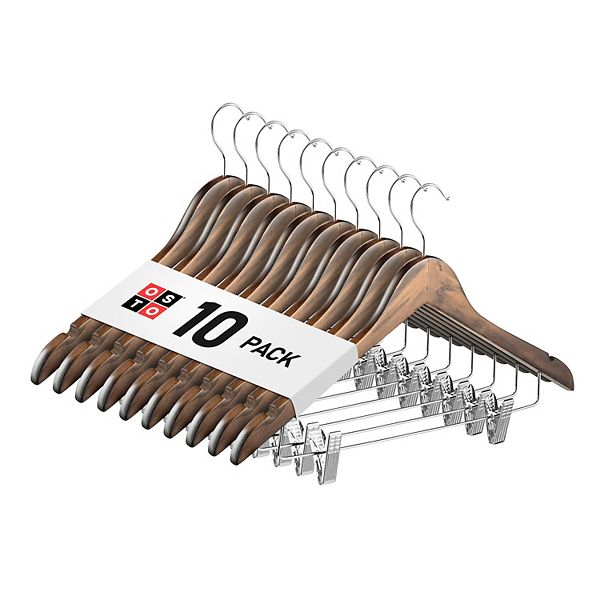 OSTO Pack of 10 Premium Wooden Suit Hangers with Metal Clips for Pants