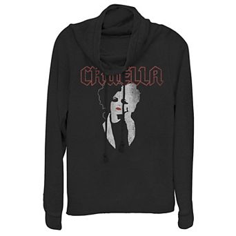 Disney's Cruella Juniors' Dark Portrait Cowlneck Graphic Lightweight Long Sleeve