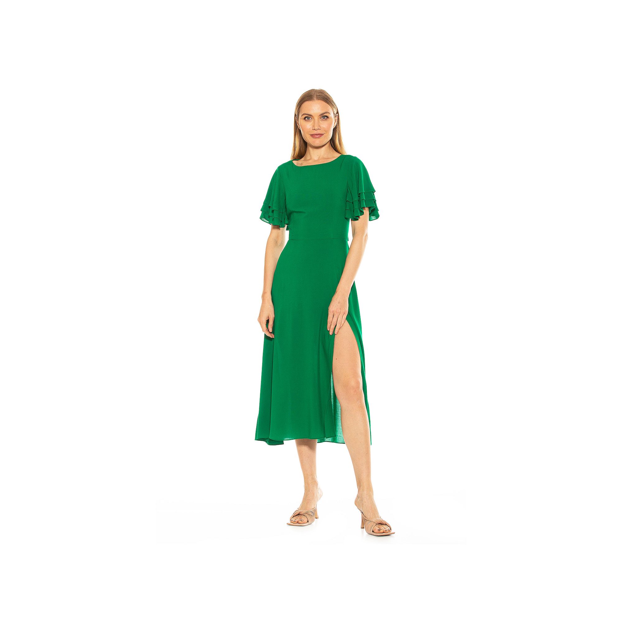Womens ALEXIA ADMOR Lilia Ruffle-Sleeve Midi Dress, Size: 4, Green
