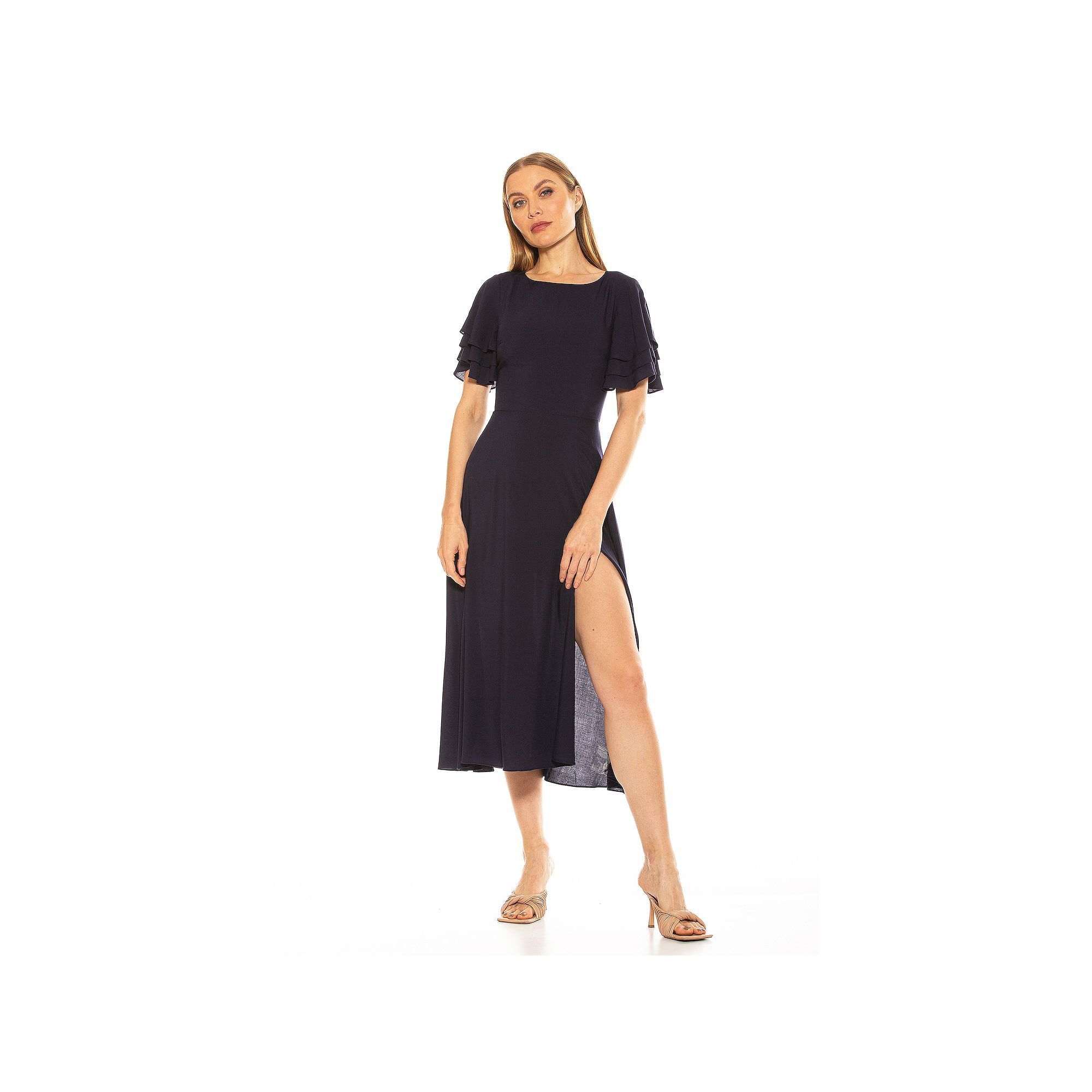 Womens ALEXIA ADMOR Lilia Ruffle-Sleeve Midi Dress, Size: 2, Blue