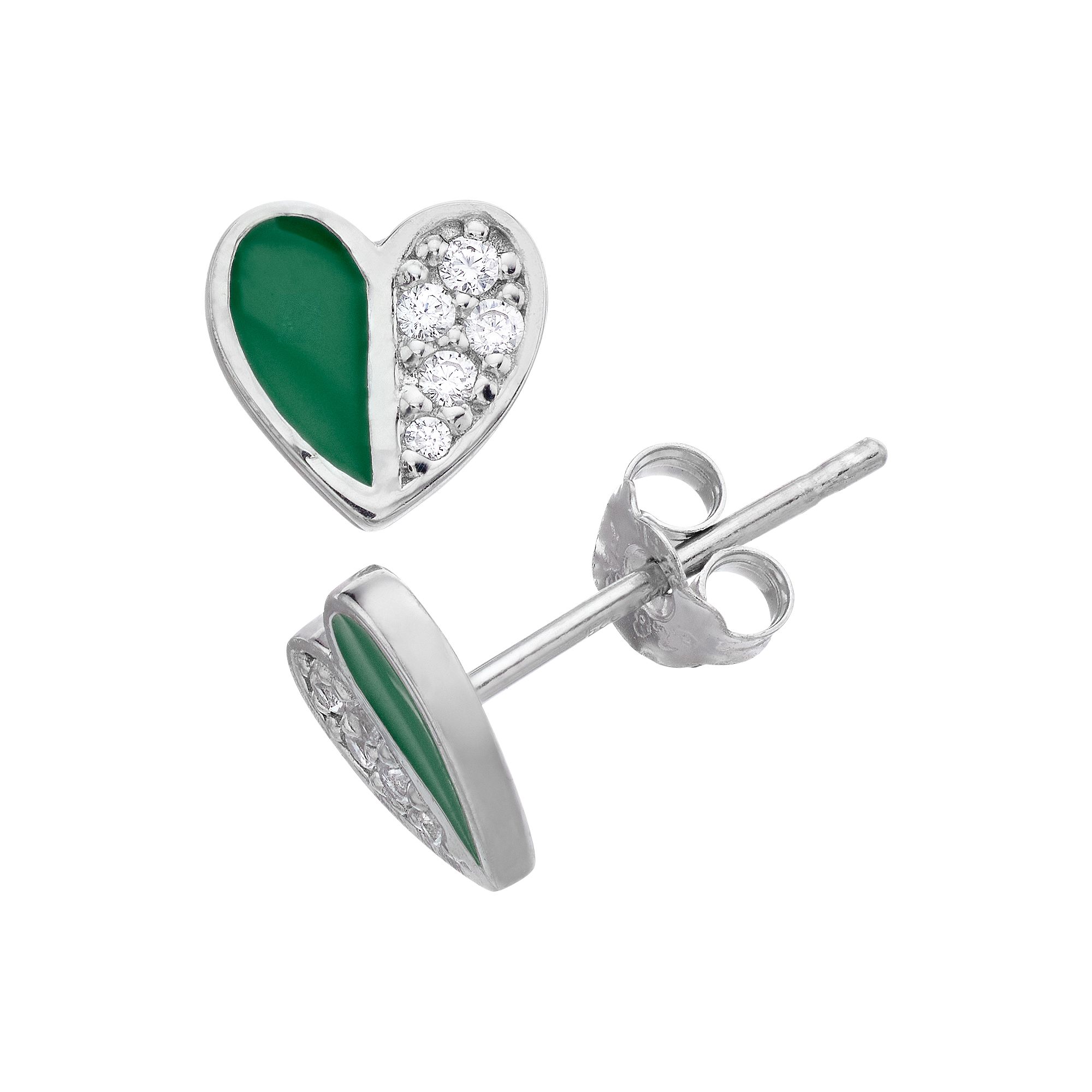 Aleure Precioso Sterling Silver Cubic Zirconia & Enamel Heart Stud Earrings