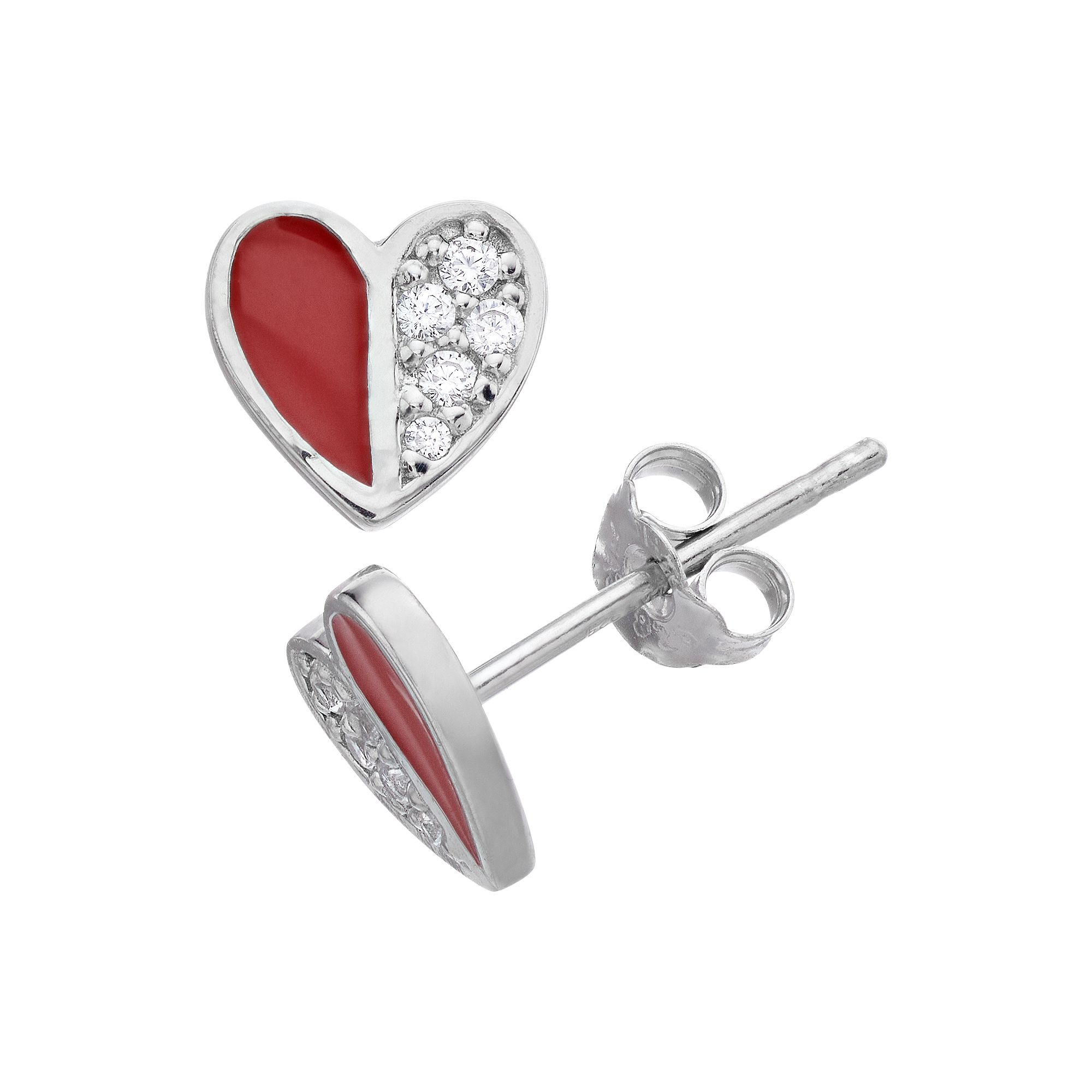 Aleure Precioso Sterling Silver Cubic Zirconia & Enamel Heart Stud Earrings