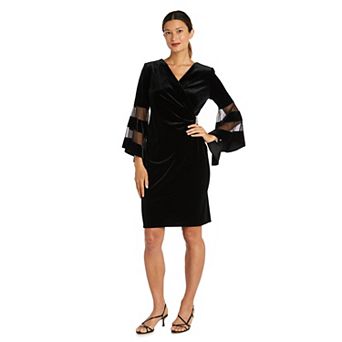 Women's R&M Richards Sheer Trim Angel Sleeve Velvet Wrap Dress