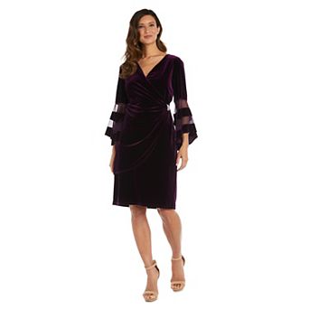 Women's R&M Richards Sheer Trim Angel Sleeve Velvet Wrap Dress