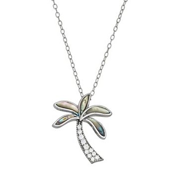 Sterling Silver Genuine Abalone & Cubic Zirconia Palm Tree Pendant Necklace
