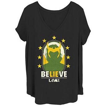 Juniors' Plus Size Marvel Loki Green And Gold "Believe" Tee