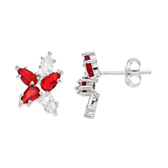 Sterling Silver Red & Clear Cubic Zirconia Geometric Stud Earrings