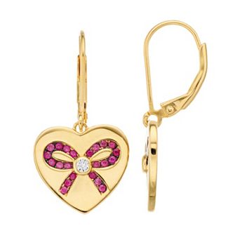 18k Gold Plated Pink & Clear Cubic Zirconia Bow Heart Earrings