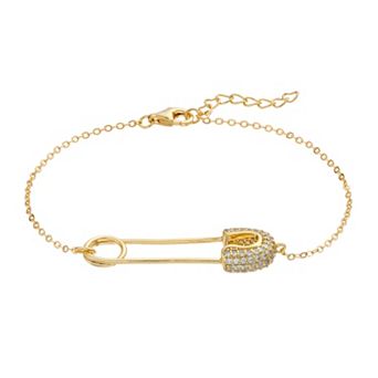 14k Gold Over Silver Cubic Zirconia Adjustable Safety Pin Bracelet