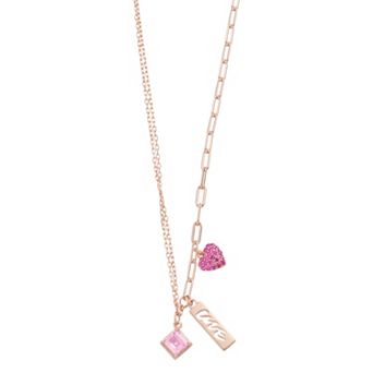 18k Rose Gold Over Silver Pink Cubic Zirconia Love Charm Necklace
