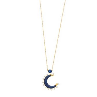 14k Gold Over Silver Blue & Clear Cubic Zirconia Moon Charm Necklace