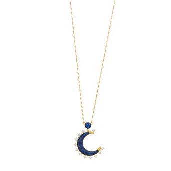 14k Gold Over Silver Blue & Clear Cubic Zirconia Moon Charm Necklace