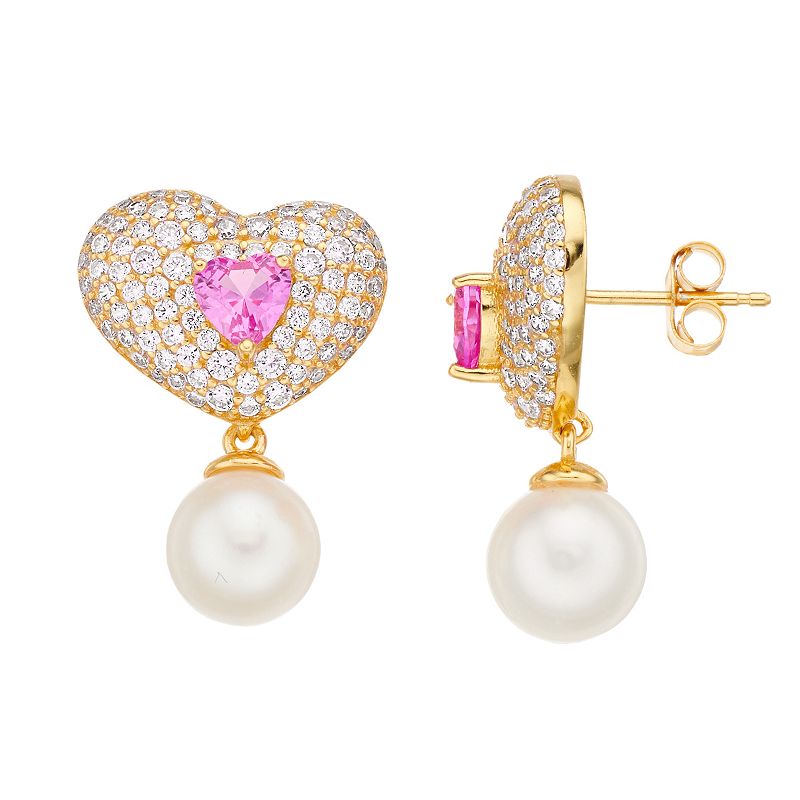 14k Gold Over Silver Cubic Zirconia & Cultured Pearl Heart Drop Earrings, W