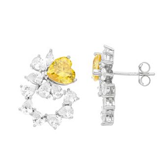 Sterling Silver Yellow & White Cubic Zirconia Geometric Heart Stud Earrings