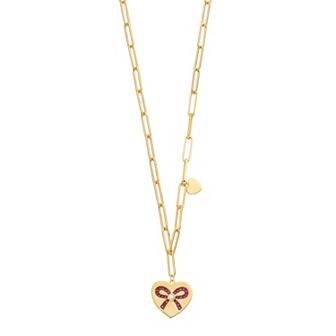 14k Gold Over Silver Pink & Clear Cubic Zirconia Heart Paper Clip Chain Necklace