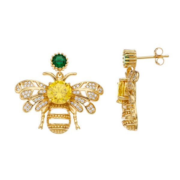 14k Gold Over Silver Yellow, Clear, & Green Cubic Zirconia Bee Drop ...
