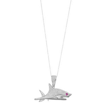 Sterling Silver Red Cubic Zirconia Shark Pendant Necklace