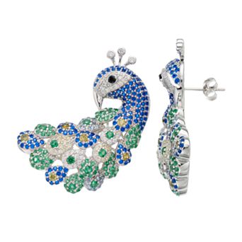 Sterling Silver Blue & Green Cubic Zirconia Peacock Drop Earrings