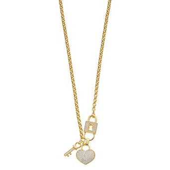 14k Gold Over Silver Cubic Zirconia Heart, Key, & Padlock Charm Necklace