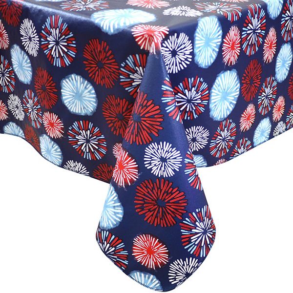 Americana Patriotic Red 70” Zippered Umbrella Round Newbridge Fireworks Celebration Vinyl Flannel Backed Tablecloth White and Blue Fireworks Indoor/Outdoor Party Tablecloth 