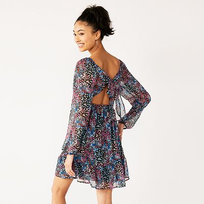 juniors long sleeve skater dress Blue And Red 2-Tone Long Sleeve Ruffle Skater Dress with Pockets