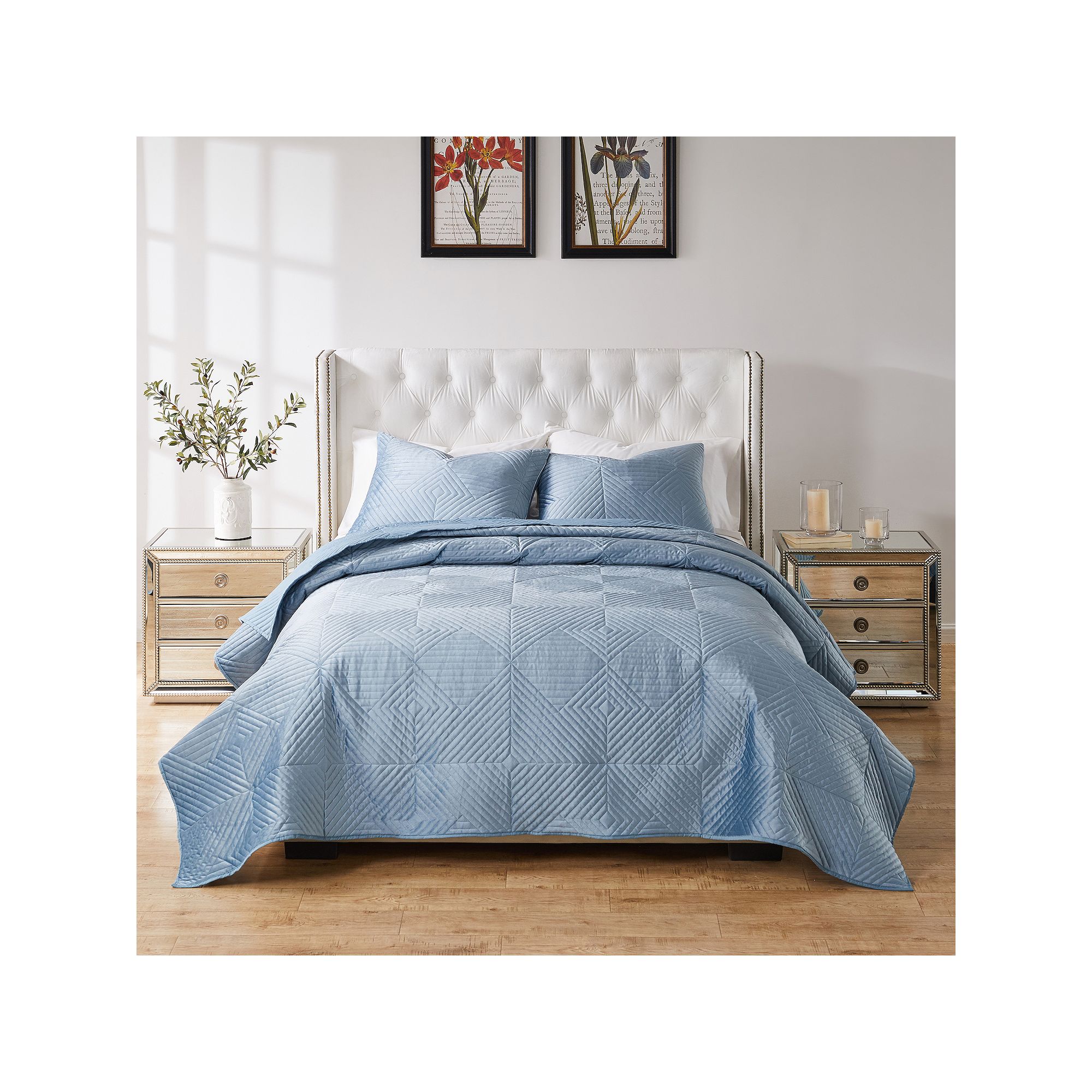 Greenland Home Fashions Riviera Velvet Quilt Set with Shams, Spa Blue