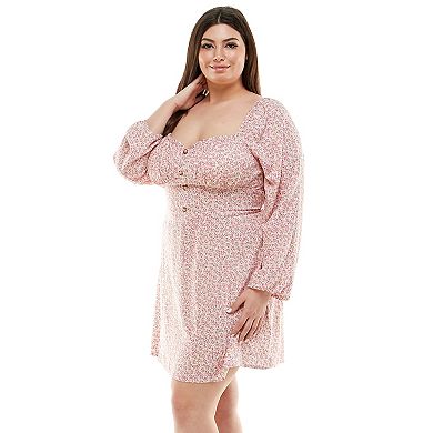 Juniors' Plus Size Lily Rose Bra Cup Seamed Bodice Long Sleeve Skater Dress