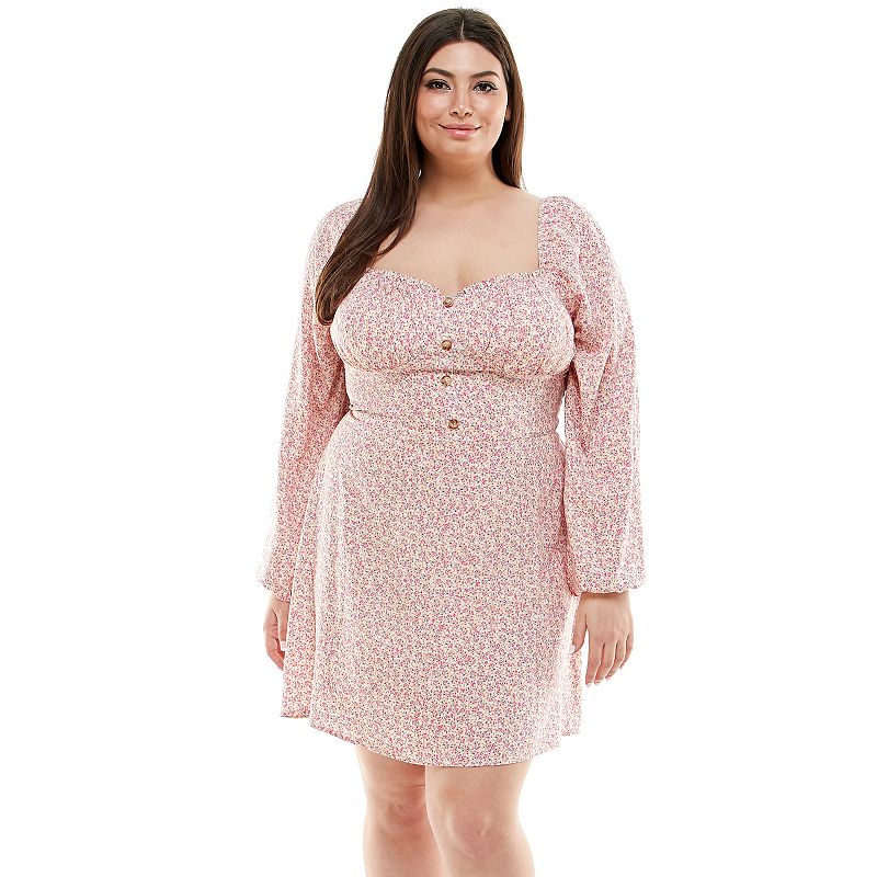 Juniors Plus Size Lily Rose Bra Cup Seamed Bodice Long Sleeve Skater Dress