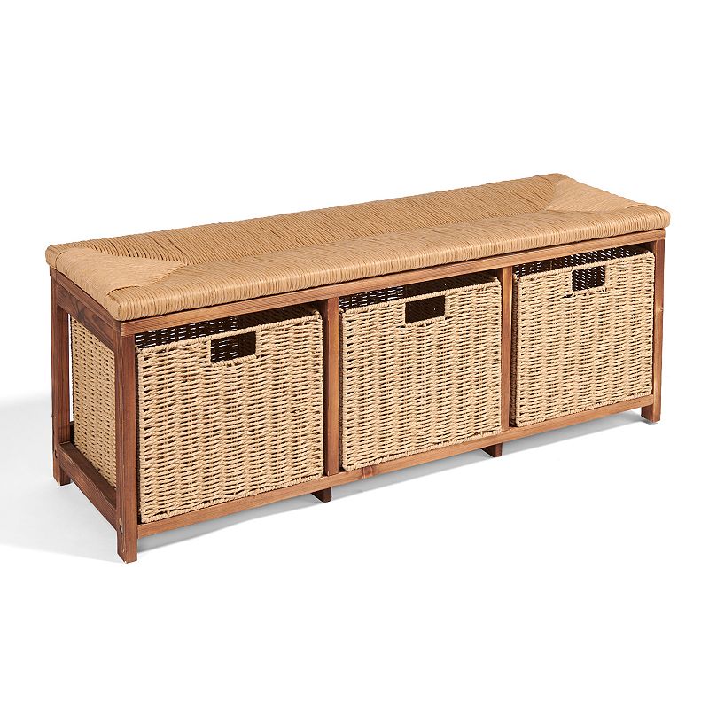 Badger Basket Storage Bench with Woven Top & Baskets, Brown