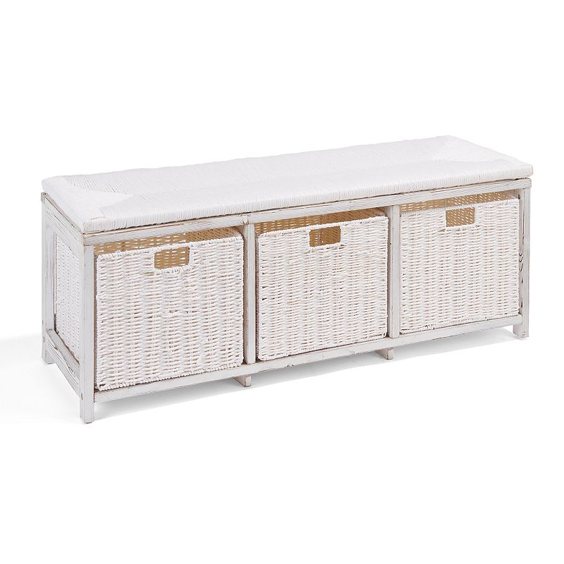 Badger Basket Storage Bench with Woven Top & Baskets, White