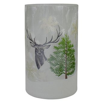 Northlight 10 in Hand Painted Deer Pine & Snowflakes Glass Christmas Candle Holder