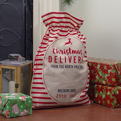 Northlight 27-in. Beige & Red Striped "Christmas Delivery" Gift Bag