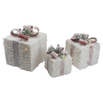 Northlight Set of 3 LED Frosted Rattan Christmas Gift Boxes with Pinecones