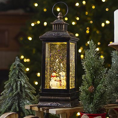 Northlight 11-in. Black & Brushed Gold LED Snowman Family Christmas Lantern Snow Globe