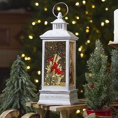 Northlight 11-in. LED White Brushed Silver Cardinals Christmas Snow Globe Lantern
